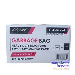 Garbage Bags Heavy Duty Black Flat Pack 240lt (100) CAPRI