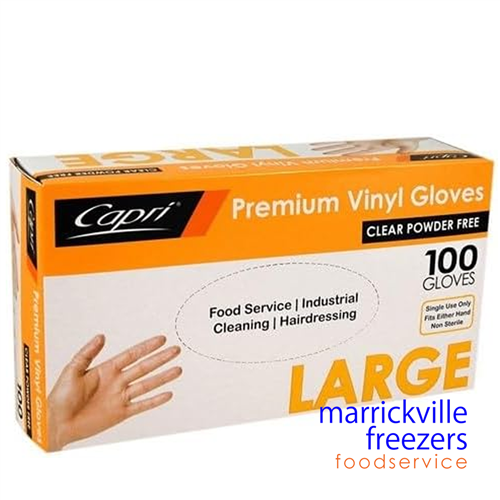 Gloves Vinyl Powder Free Large 100 Capri or Prime Source